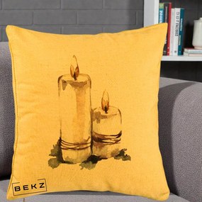 Perna Decorativa Lumanari Acuarela Iarna, 40x40 cm, Galben, Husa Detasabila, Perna Inclusa, BEKZ®