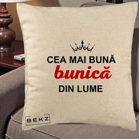 Cadou pentru Bunica - Perna Personalizata Cea Mai Buna Bunica Din Lume Coroana Neagra, 40x40 cm, Bej, Husa Detasabila, Perna Inclusa, BEKZ®