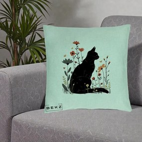 Perna Decorativa Pisica Neagra Profil Flori Portocalii, 40x40 cm, Verde Menta, Husa Detasabila, Perna Inclusa, BEKZ®