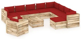 Set mobilier gradina cu perne, 12 piese, lemn verde tratat rosu si maro, 12