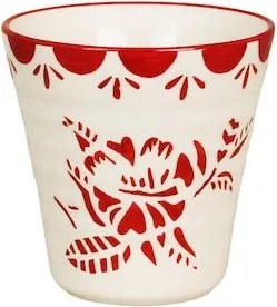 Cană din ceramică artizanală, natur, cu motive florale pictate manual roșu și bordură decorativă, fără mâner, 10×10 cm, „Marion"
