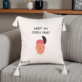 Perna Decorativa Keep An Open Mind, 40x40 cm, Bej cu Franjuri, Husa Detasabila, Perna Inclusa, BEKZ®