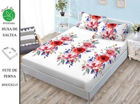 Husa de pat cu elastic 180x200 din Bumbac Finet + 2 Fete de Perna - Flori Colorate