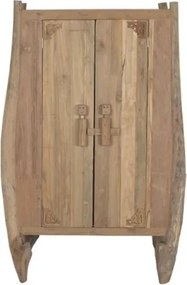 Dulap rustic din lemn de tec, natur, cu 2 uși, 2 rafturi, stâlpi din trunchi natural și colțare sculptate, 172 x 105 x 58 cm, „Mountain”