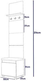 CUI522 - Cuier 50x37x214 cm - 3 agatatori haine, hol, pantofar - Alb, tapiterie Verde/Gri/Albastru