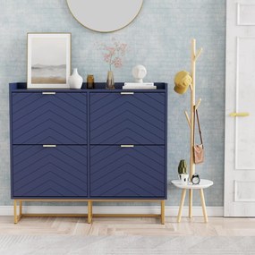 PANN5 - Pantofar 100 cm ingust, 4 compartimente, pantofare, depozitare pantofi, mobilier hol - Negru / Albastru / Gri - Auriu