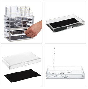 Organizator produse cosmetica 8 sertare  suport pentru pensule creioane si rujuri Transparent /Auriu Acril