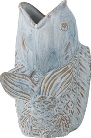 Vază din ceramică albastră, în formă de pește, cu solzi în relief, „Hiro", 17 x 13,5 x 21 cm