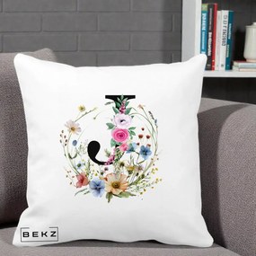 Cadou Personalizat - Perna Personalizata Monogram Litera J cu Flori Acuarela, 40x40 cm, Alba Mata, Husa Detasabila, Perna Inclusa, BEKZ®