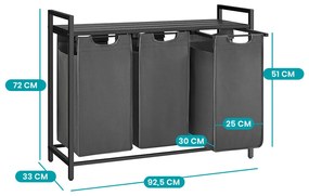 Coș de rufe cu 3 compartimente, gri închis