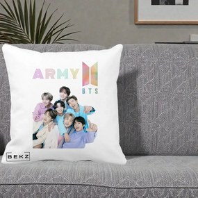 Perna Personalizata K-pop BTS ARMY Fotografie Grup Veseli, 40x40 cm, Alba Mata, Husa Detasabila, Perna Inclusa, BEKZ®