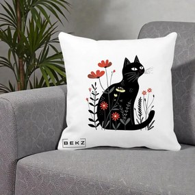Perna Decorativa Pisica Neagra Flori Rosii Folk, 40x40 cm, Alba Mata, Husa Detasabila, Perna Inclusa, BEKZ®