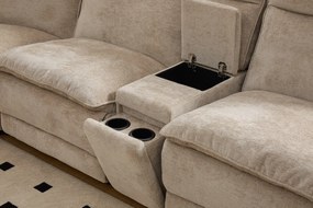 Coltar dumonde cu 3 reclinere electrice, incarcare USB, USB-C, tava, lumini de citit, suport pahare, textil, Vireon 317x347cm