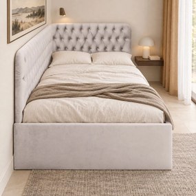 Pat tapițat pentru copii din catifea Elyra 120×200 cm, crem, colț stânga, cu ladă de depozitare