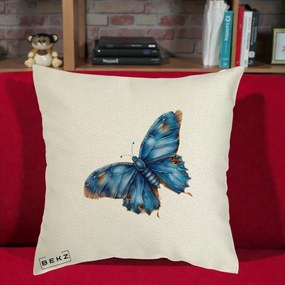 Perna Decorativa Fluture Albastru Satin cu Pete Aurii, 40x40 cm, Ecru, Husa Detasabila, Perna Inclusa, BEKZ®