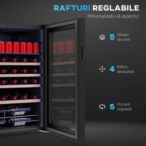 HOMCOM Vitrină Frigorifică pentru Vinuri de 63L cu Rafturi Reglabile pentru 16 Sticle și 25 Doze, Vitrină pentru Vinuri din Oțel, Lemn și Sticlă Temperată, 43x45x74 cm, Negru | Aosom Romania
