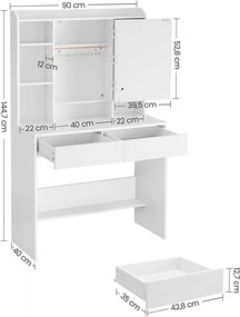 SEA81 - Set Masa toaleta, 90 cm, cosmetica, masa machiaj cu oglinda LED, masuta vanity - Alb