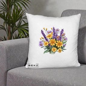 Perna Decorativa Lavanda cu Margarete Galbene si Lila, 40x40 cm, Alb Pufos, Husa Detasabila, Perna Inclusa, BEKZ®