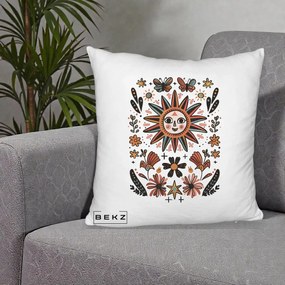 Perna Decorativa Soare Boho Folk Fluturi, 40x40 cm, Alb Pufos, Husa Detasabila, Perna Inclusa, BEKZ®