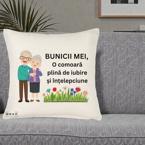 Cadou pentru Bunici - Perna Personalizata Bunicii Mei Comoara Cuplu Senior cu Flori Colorat, 40x40 cm, Crem Reliefat, Husa Detasabila, Perna Inclusa, BEKZ®