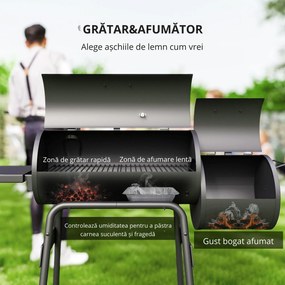Outsunny Gratar de gradina cu capac si afumator, gratar pe carbune cu rafturi si roti 124x53x104cm, negru | AOSOM RO