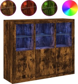 vidaXL Servantă cu lumini LED, 3 buc., stejar fumuriu, lemn prelucrat