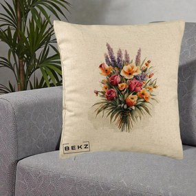 Perna Decorativa Buchet Mixt Acuarela Lavanda-Trandafiri, 40x40 cm, Bej, Husa Detasabila, Perna Inclusa, BEKZ®