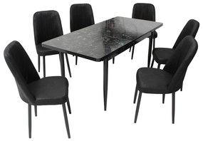 Set masă extensibilă Aris Negru Marmorat cu 6 scaune Artemis Negru