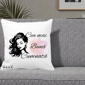 Cadou pentru Cumnata - Perna Personalizata Cea mai Buna Cumnata cu Silueta Dama si Pete Roz, 40x40 cm, Alba Mata, Husa Detasabila, Perna Inclusa, BEKZ®