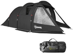 Outsunny Cort Tunel pentru 3-4 Persoane, Cort de Camping cu Doua Camere, cu Ferestre si Obloane, Geanta de Transport Portabila, pentru Pescuit, Drumetii, Sport, Festival, Negru | Aosom Romania