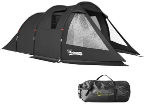 Outsunny Cort Tunel pentru 3-4 Persoane, Cort de Camping cu Doua Camere, cu Ferestre si Obloane, Geanta de Transport Portabila, pentru Pescuit, Drumetii, Sport, Festival, Negru | Aosom Romania