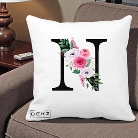 Cadou Personalizat - Perna Personalizata Monograma Florala Litera N, 40x40 cm, Alba Mata, Husa Detasabila, Perna Inclusa, BEKZ®