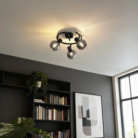 Plafonieră Art Deco neagră cu sticlă fumurie cu 3 lumini rotundă - Vidro