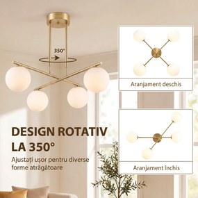 HOMCOM Lampă suspendată cu 4 globuri, înălțime reglabilă, rotire 350°, modernă, din oțel, auriu | Aosom Romania