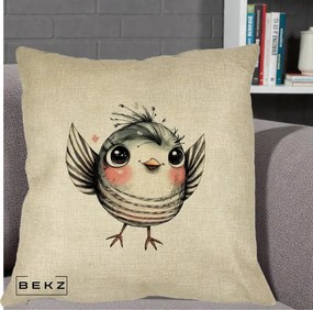 Perna Decorativa Pasare Gri cu Aripi si Inimioare, 40x40 cm, Crem, Husa Detasabila, Perna Inclusa, BEKZ®