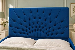 Pat tapițat Chesterfield din catifea Venezia 140×200 cm, albastru, cu ladă de depozitare