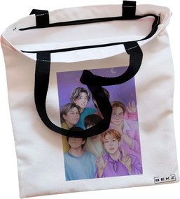 Sacosa de Panza pentru Cumparaturi, Geanta Tote, model BTS Army 4, Cu fermoar, 38x34.5 cm, Alba, BEKZ®