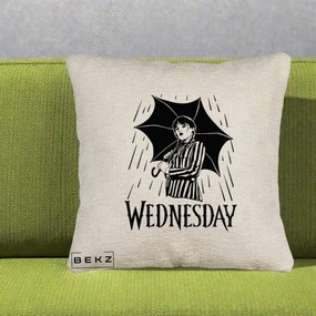 Perna Personalizata Wednesday cu Umbrela Ploaie Lineart, 40x40 cm, Bej Canapea, Husa Detasabila, Perna Inclusa, BEKZ®