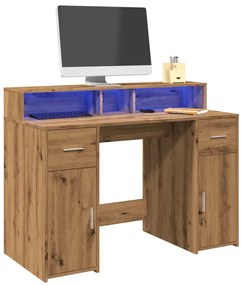 vidaXL Birou cu lumini LED stejar artizanal 120x55x91cm lemn prelucrat