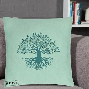 Perna Decorativa Copacul Vietii Teal cu Radacini, 40x40 cm, Verde Menta, Husa Detasabila, Perna Inclusa, BEKZ®