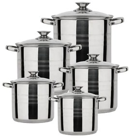 Set Vase Gătit din Inox, 10 Piese, Capacități 11.7 - 4.2 Litri, Bază 3 Straturi (Inducție), Capace din Sticlă Termorezistentă