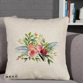 Perna Decorativa Buchet Flori Acuarela Roz-Verde, 40x40 cm, Bej Canapea, Husa Detasabila, Perna Inclusa, BEKZ®