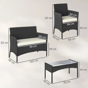 Outsunny Set Mobilier Grădină din Ratan Sintetic cu Canapea, Fotolii și Masă din Sticlă Securizată și Perne Negru și Crem | Aosom Romania