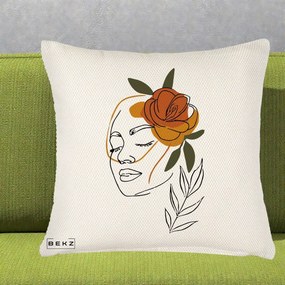 Perna Decorativa Portret Feminin Trandafir Ruginiu, 40x40 cm, Crem Reliefat, Husa Detasabila, Perna Inclusa, BEKZ®