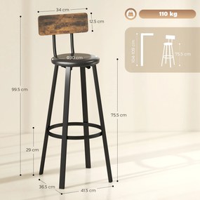 HOMCOM Set de 2 Scaune de Bar Captușite cu Spătar și Suport pentru Picioare - Maro Rustic și Negru | Aosom Romania