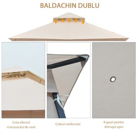 Outsunny Pavilion de Grădină cu Acoperiș Dublu din metal și Poliester,Bej, 3x3m