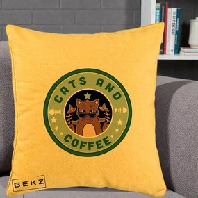 Perna Personalizata Cats and Coffee Starbucks, 40x40 cm, Galben, Husa Detasabila, Perna Inclusa, BEKZ®