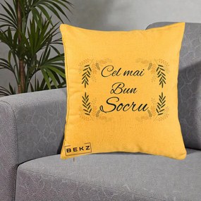 Cadou pentru Socru - Perna Personalizata Cel mai Bun Socru cu Ramuri Frunze Albastre si Aurii, 40x40 cm, Galben, Husa Detasabila, Perna Inclusa, BEKZ®