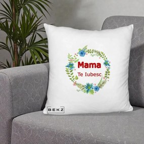 Cadou pentru Mama - Perna Personalizata Mama Te Iubesc Flori Albastre, 40x40 cm, Alb Pufos, Husa Detasabila, Perna Inclusa, BEKZ®