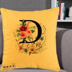 Cadou Personalizat - Perna Personalizata Monogram Litera D cu Flori Acuarela, 40x40 cm, Galben, Husa Detasabila, Perna Inclusa, BEKZ®